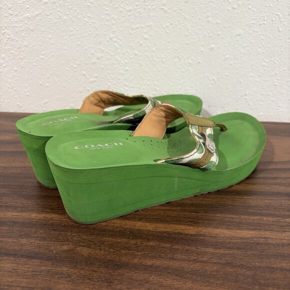Coach Jaden Leather Wedge Sandals Thong Flip Flops Green Y2K Womens 7 Platform - Picture 10 of 14